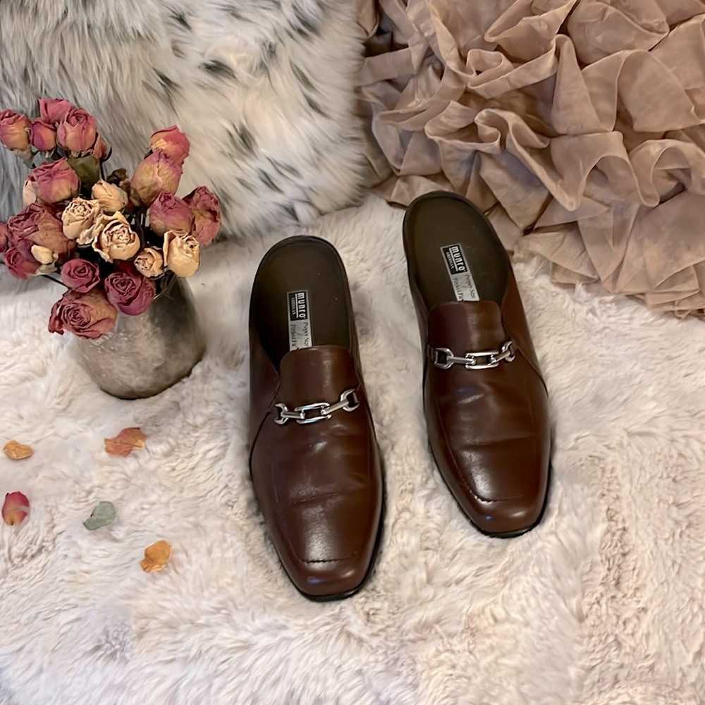 Munro American Brown Leather Mule Slip On Heeled Loafer Shoe Sz 8.5N